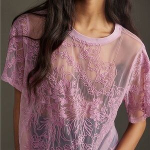 Anthropologie Sheer Floral Lace Short-Sleeve Tee in Lavender